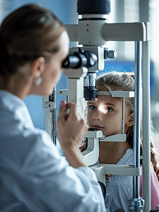 眼科诊断摄影照片_医院检测小女孩眼睛的医生