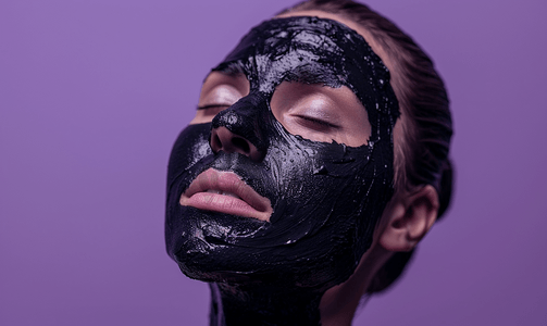 紫色背景黑粘土面膜擦洗化妆品泥涂抹