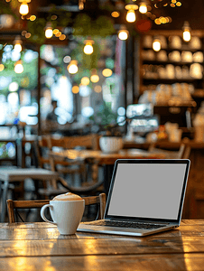 木桌上有空白屏幕的笔记本电脑咖啡店模糊背景