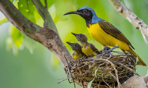 红黄水彩泼墨摄影照片_橄榄背太阳鸟黄腹太阳鸟在巢中喂养幼鸟