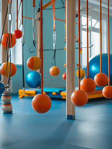 体操器材和彩色塑料球室内健身房内装有运动设备