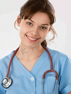 医生护士摄影照片_年轻笑着的护士带着听诊器