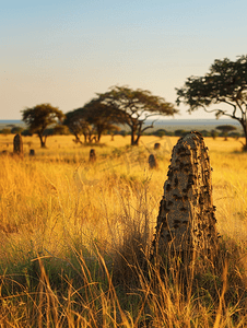 昆虫叶子摄影照片_非洲大草原上的白蚁丘