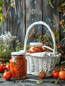 木制背景中白色柳条篮中的玻璃罐中保存的自制西红柿