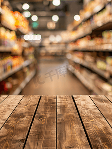 早安卖场摄影照片_带超市过道和产品货架的木桌抽象模糊离焦背景