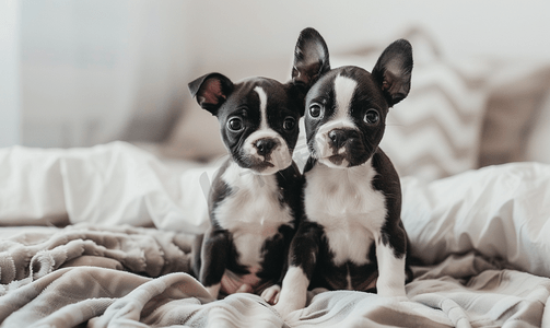 两只可爱的小波士顿梗犬坐在床上的肖像