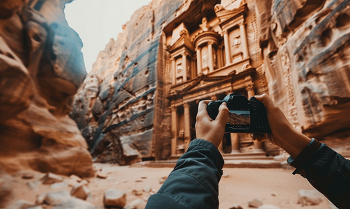 拍摄佩特拉岩石上的宝库神庙