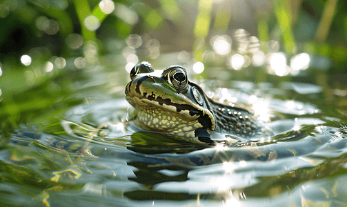 泼墨水池摄影照片_普通青蛙在池塘里游泳