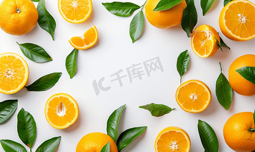 橘子背景摄影照片_白色背景下的新鲜橘子框架