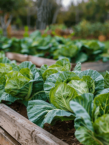 有机农庄高架菜床上种植的卷心菜