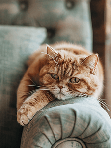 一只美丽的红色异国短毛猫躺在家椅上