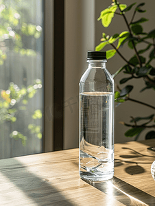 瓶子透明摄影照片_关闭客厅桌子上瓶子里纯净的新鲜饮用水