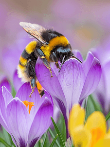 大黄蜂为紫色番红花授粉的特写镜头