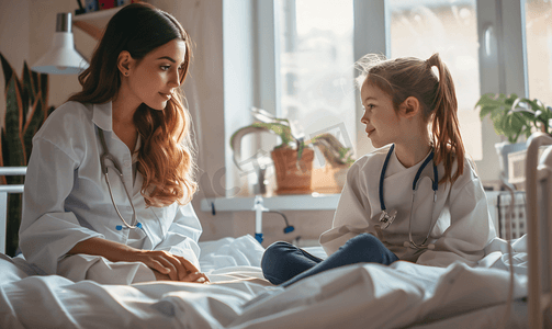 女医生和小女孩坐在病床上看病例