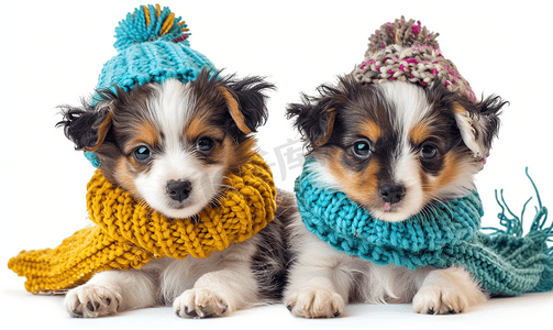 帽子冬天摄影照片_两只可爱的巴比龙小狗坐在针织围巾和白色背景上的帽子