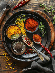 印度餐厅摄影照片_木制背景上的盘勺和碗中的各种香料