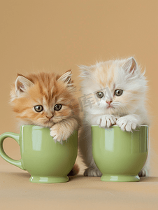 两只波斯和异国情调的小猫坐在米色背景的大绿色杯子里
