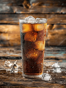 可乐可乐饮料加冰块放在玻璃杯中放在木质背景上