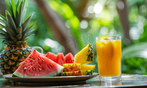 橙汁海报免费摄影照片_新鲜早餐包括菠萝西瓜橙汁吐司普吉岛泰国