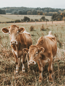 农场围场里的一对珍贵的棕色奶牛