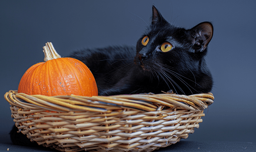 万圣节奇幻摄影照片_黑猫是万圣节的象征放在柳条篮里还有橙色的南瓜