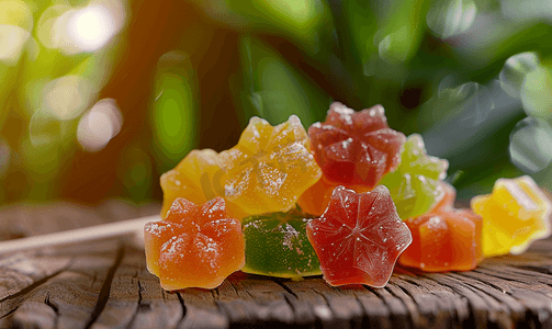 木桌上的水果果酱糖果果冻糖果水果天然甜点加糖