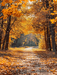 黄色秋季背景摄影照片_森林公园秋季景观中的树木和人行道