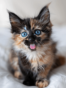 姜色摄影照片_一只长着蓝眼睛、伸出舌头的可爱玳瑁色毛茸茸的猫的肖像