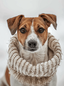 杰克罗素梗犬在羊毛毛衣下保暖宠物护理概念