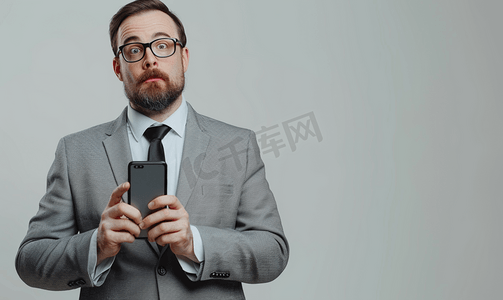 沟通对话摄影照片_穿着正式服装的男性高管将智能手机放在嘴边用免提电话交谈