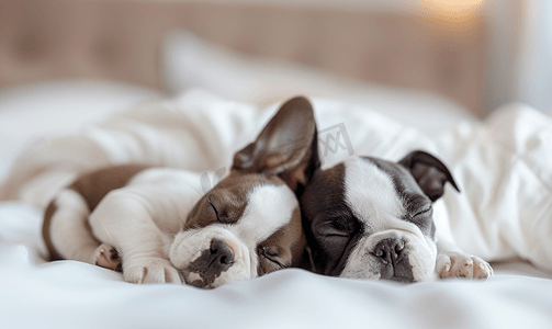 宠物狗小摄影照片_一只可爱的小波士顿梗犬正躺在床上它的妈妈也躺在床上