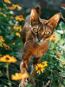 浅黄色的阿比西尼亚猫特写肖像沿着草坪上鲜花漫步
