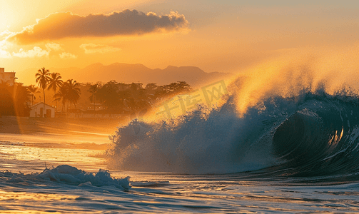 紫色和金色摄影照片_色彩缤纷的金色日落大浪和墨西哥埃斯孔迪多港海滩
