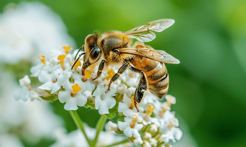 蛋白杏仁露摄影照片_甜杏仁马鞭草白花上的蜜蜂