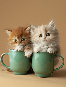 两只波斯和异国情调的小猫坐在米色背景的大绿色杯子里