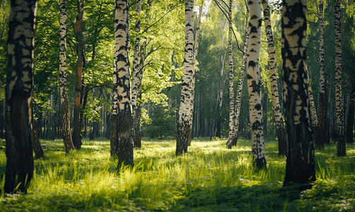 博物学家拍摄森林中的橡树和桦树