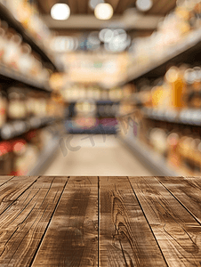 带超市过道和产品货架的木桌抽象模糊离焦背景