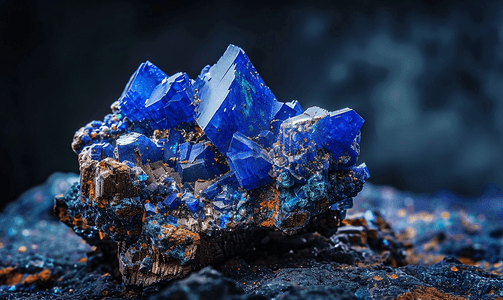 宝石晶簇摄影照片_黑色花岗岩上的未加工的蓝铜矿矿物晶体
