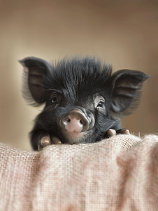 黑色的猪摄影照片_可爱黑色小猪脸上的毛茸茸的鼻子