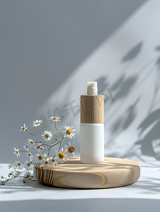 灰色背景上带木质讲台和鲜花的化妆品瓶特写复制空间