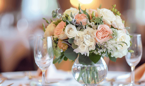 精美花卉装饰摄影照片_新娘的精致新娘花束摆放在节日宴会桌上的玻璃花瓶中