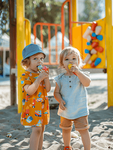 两个孩子在操场上玩耍和吃棒棒糖