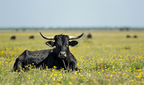 有角的黑牛在田里休息