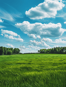 绿草茵茵、完美的天空和树木乡村春景