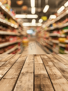 设计超市摄影照片_空木桌面超市杂货店过道和货架背景模糊