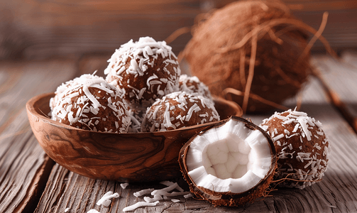 健康食品概念木质背景椰子壳自制椰子能量球