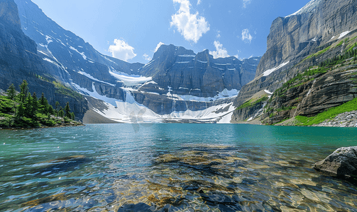 群山摄影照片_群山环绕的冰川融化形成的湖泊