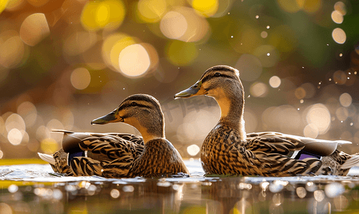 两只鸭子在水中游泳鸟儿在水面上
