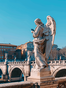 在罗马圣天使桥上的雕像拍照