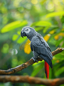 栖息在木栖上的红尾灰鹦鹉